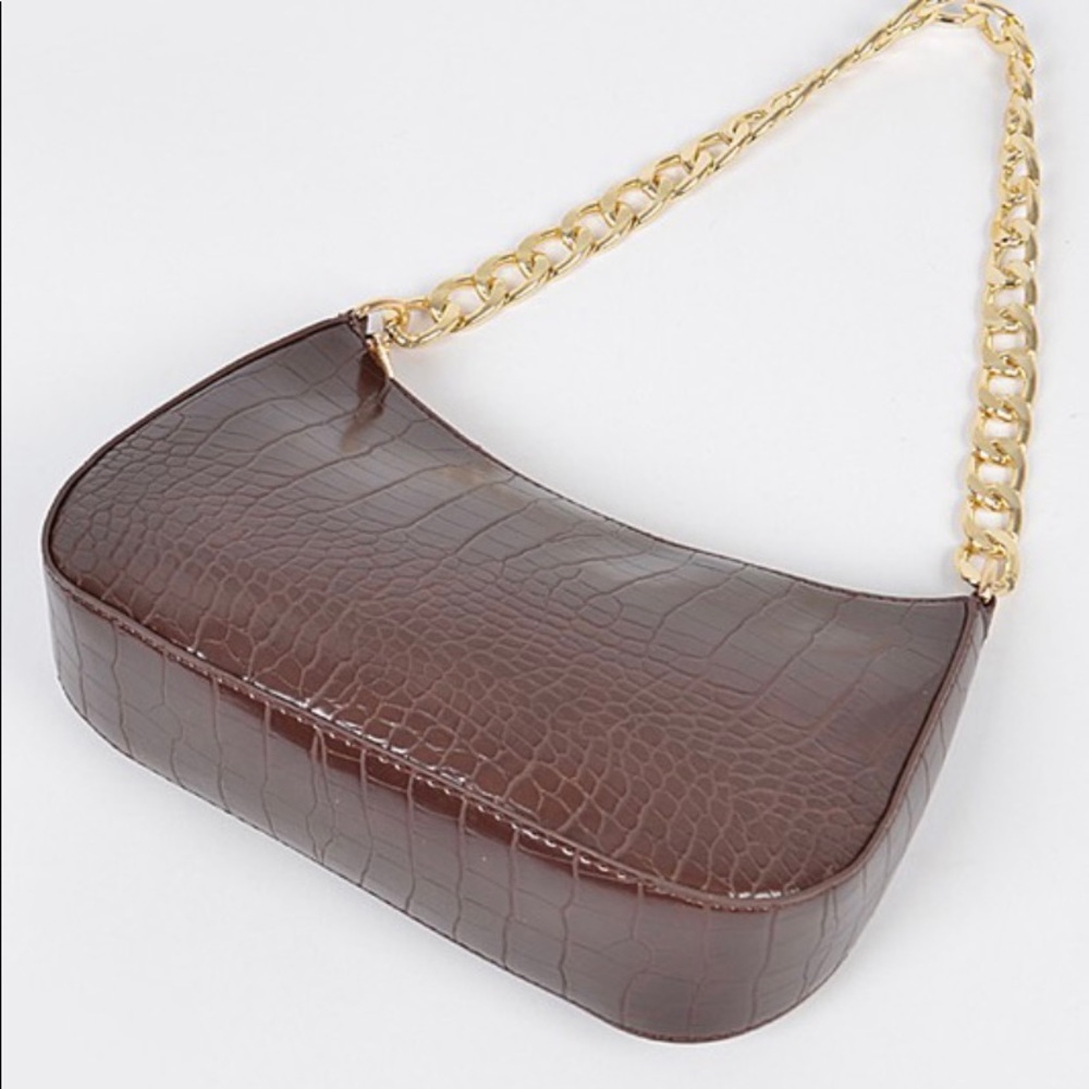 Faux Croc Chain Handbag (Brown)